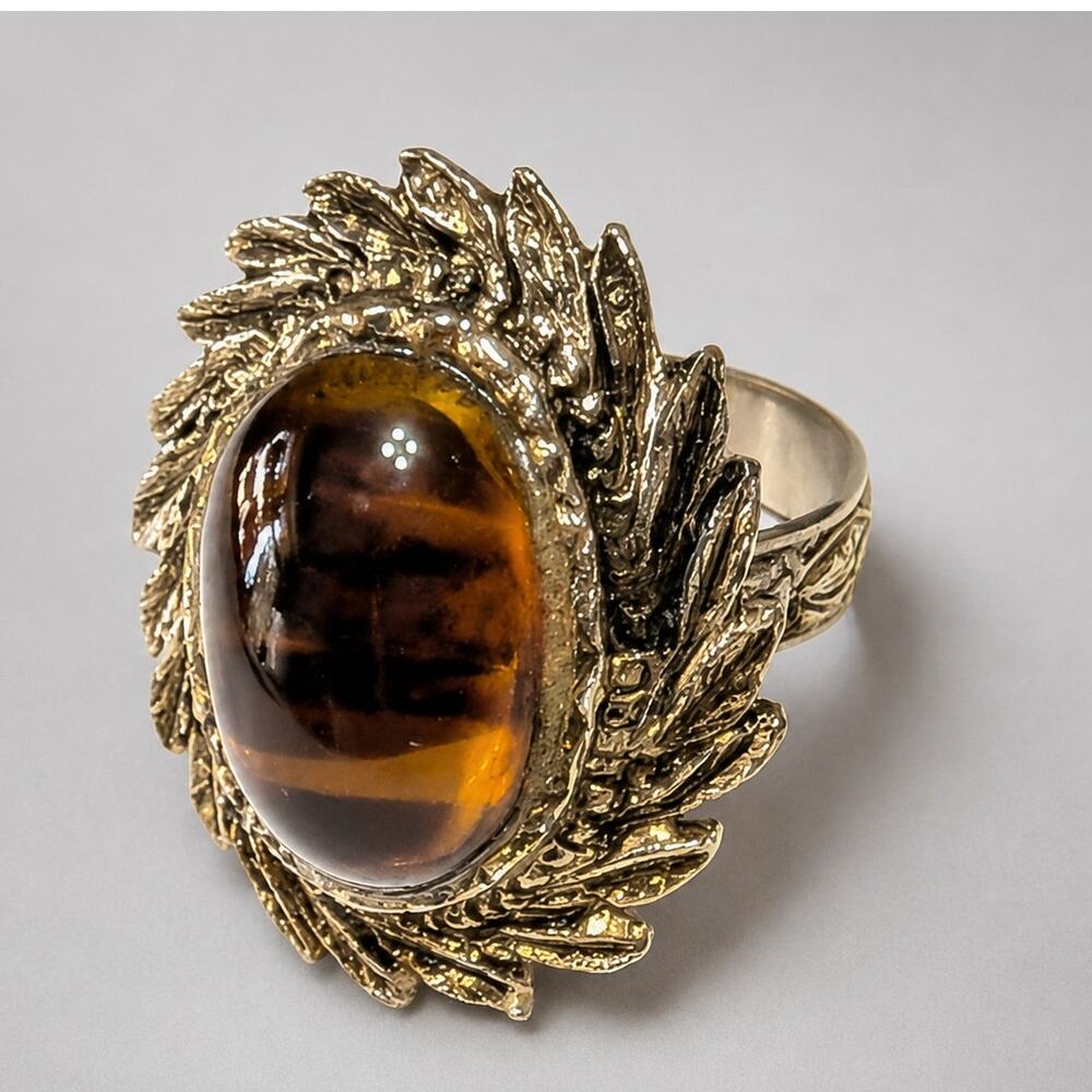 Tortoise Gass Fashion Ring, Gold-tone Oval Adjustable Brown‎ Vintage r-45